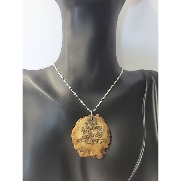Vintage Tree Pendant Necklace Hand Etched Tree Design on Antler Look Pendant - Picture 1 of 10